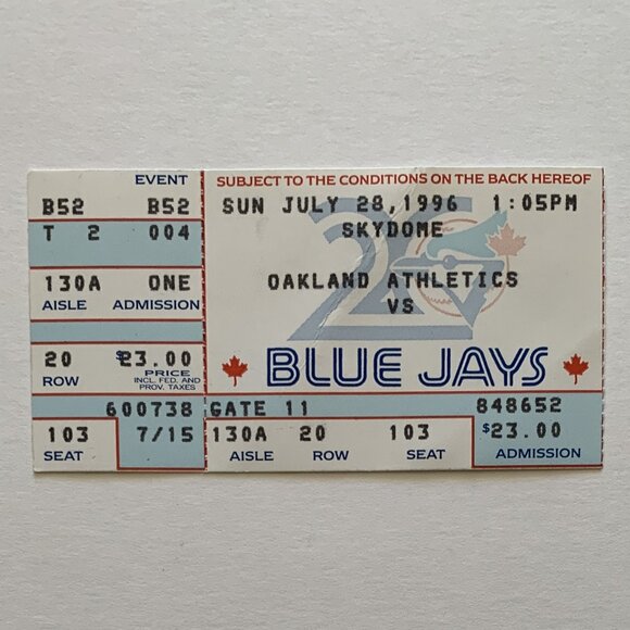Toronto Blue Jays vs Oakland Athletics @ Skydome 1996 Vintage MLB Ticket Stub - Picture 1 of 2